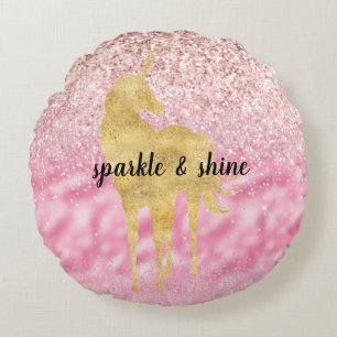 Pink Gold Glitzy Glitter Unicorn Round Pillow