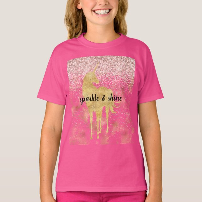 Pink Gold Glitzy Glitter Unicorn T-Shirt (Front)