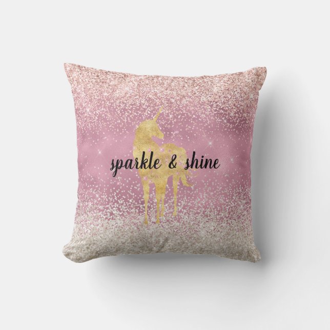 Pink Gold Glitzy Glitter Unicorn Throw Pillow (Front)
