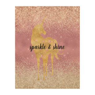Pink Gold Glitzy Glitter Unicorn Wood Wall Art
