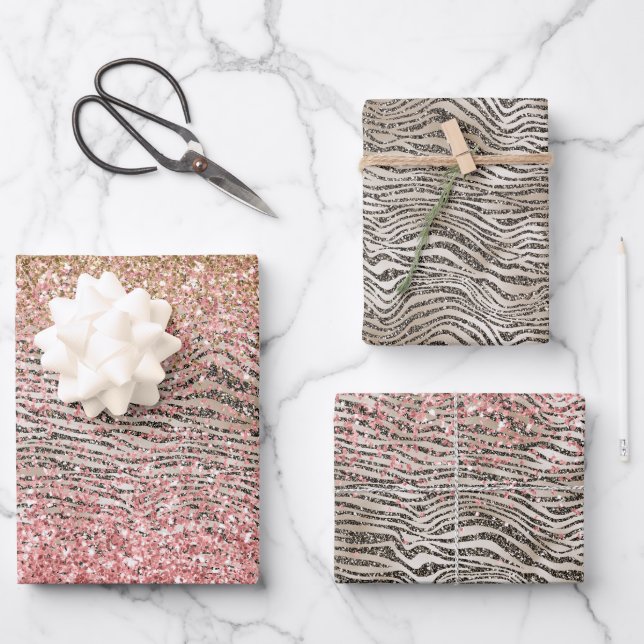 Pink Gold Glitzy Glitter Zebra Print Wrapping Paper Sheets (Front)