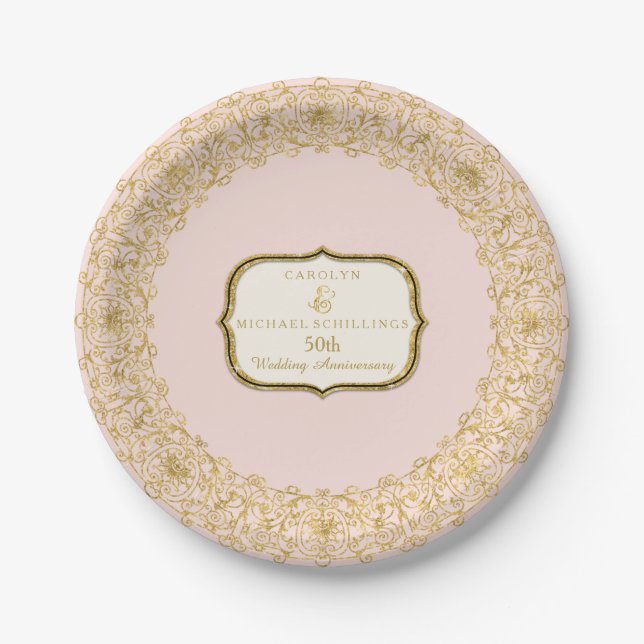 Pink Gold Golden 50th Wedding Anniversary Party Paper Plates (Front)