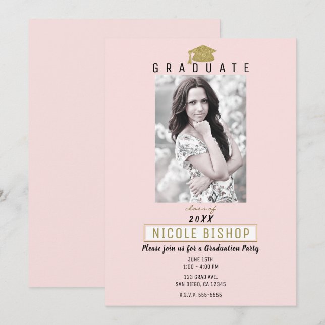 Pink Gold Graduate Photo Modern Graduation Party   Invitation (Front/Back)