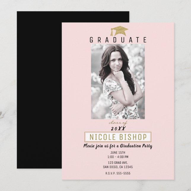 Pink Gold Graduate Photo Modern Graduation Party  Invitation (Front/Back)