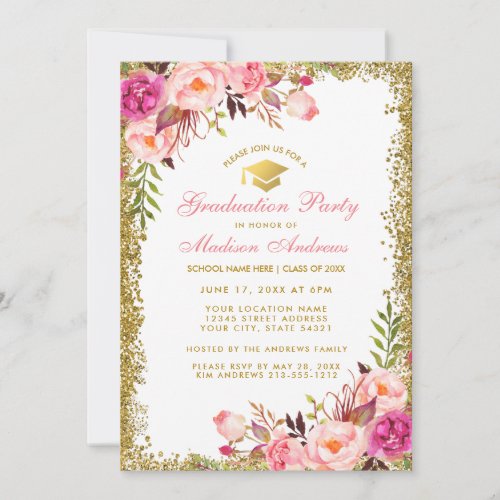 Pink Gold Graduation Party Glitter Invitation