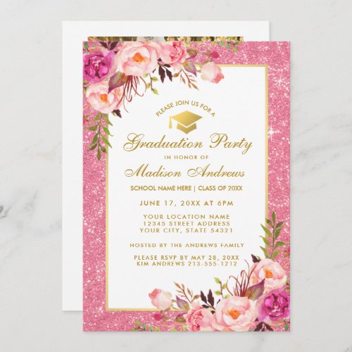 Pink Gold Graduation Party Invite _ Back Photo