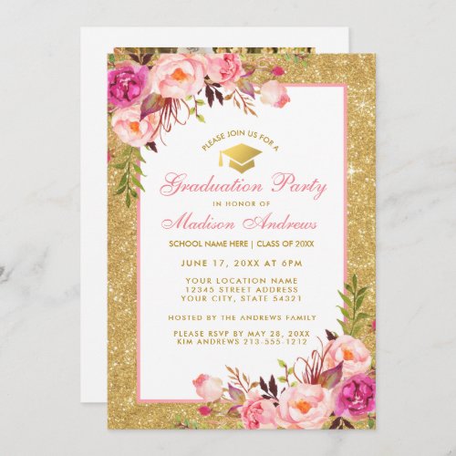 Pink Gold Graduation Party Invite _ Photo Back