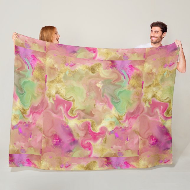 Pink, gold, green marble ink fleece blanket (In Situ)