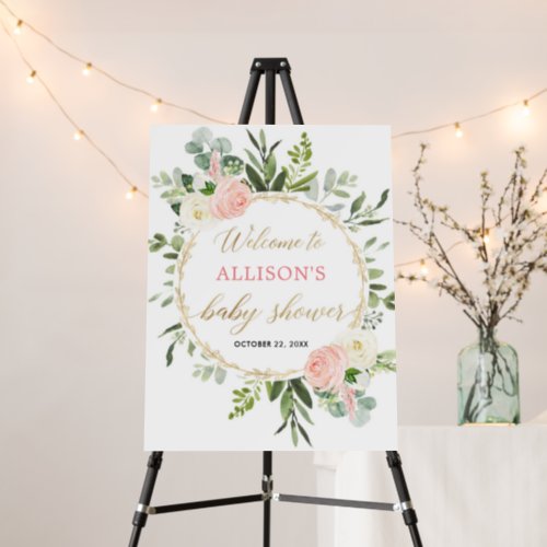 Pink gold greenery baby shower welcome sign