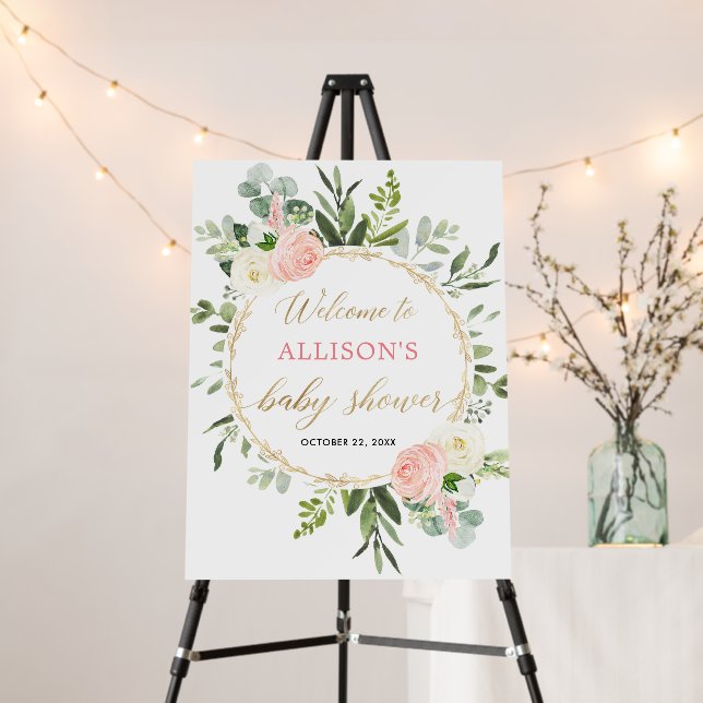 Pink gold greenery baby shower welcome sign (In Situ (Stand))