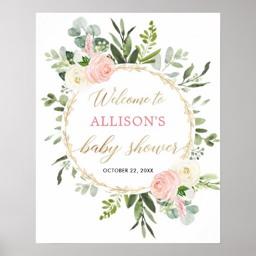 Pink gold greenery baby shower welcome sign