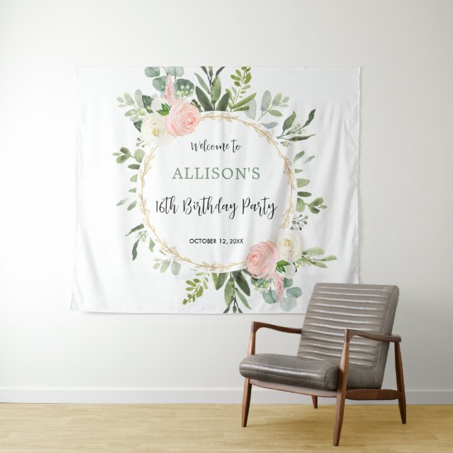 Pink gold greenery birthday party backdrop sign (In Situ (Horizontal))