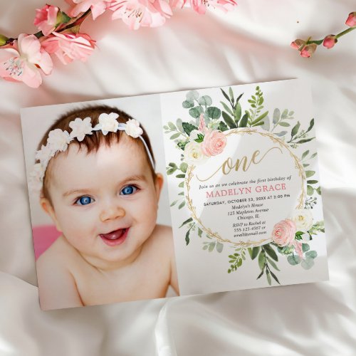 Pink gold greenery elegant girl 1st birthday photo invitation