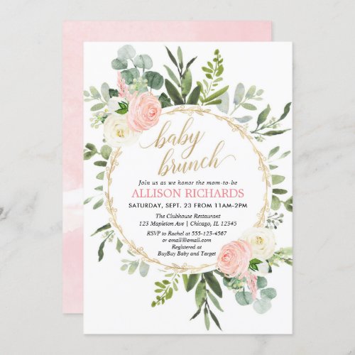 Pink gold greenery elegant girl baby brunch invitation