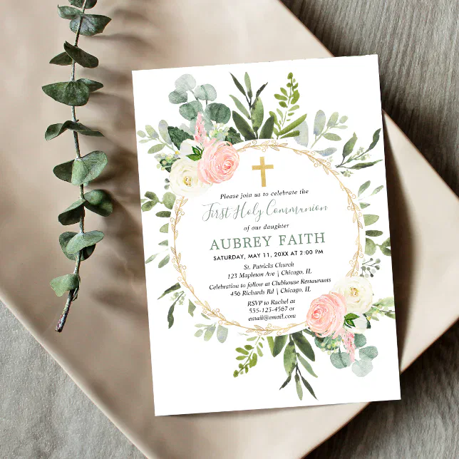 Pink gold greenery eucalyptus First Holy Communion Invitation | Zazzle