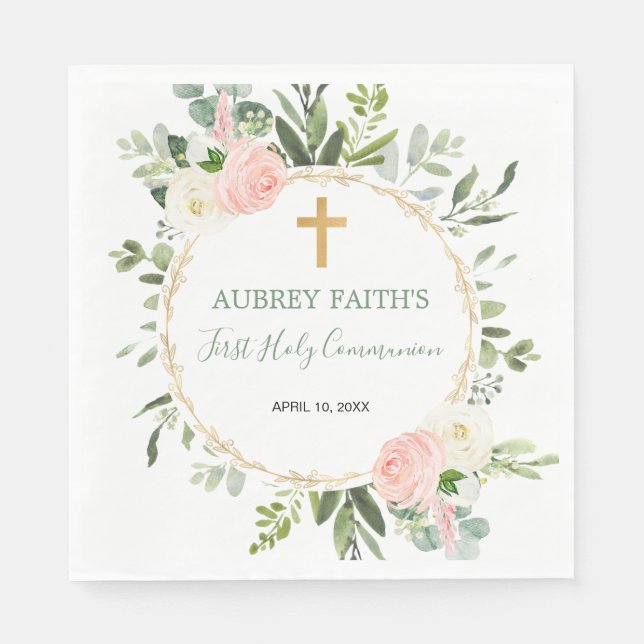 Pink gold greenery eucalyptus First Holy Communion Napkins (Front)