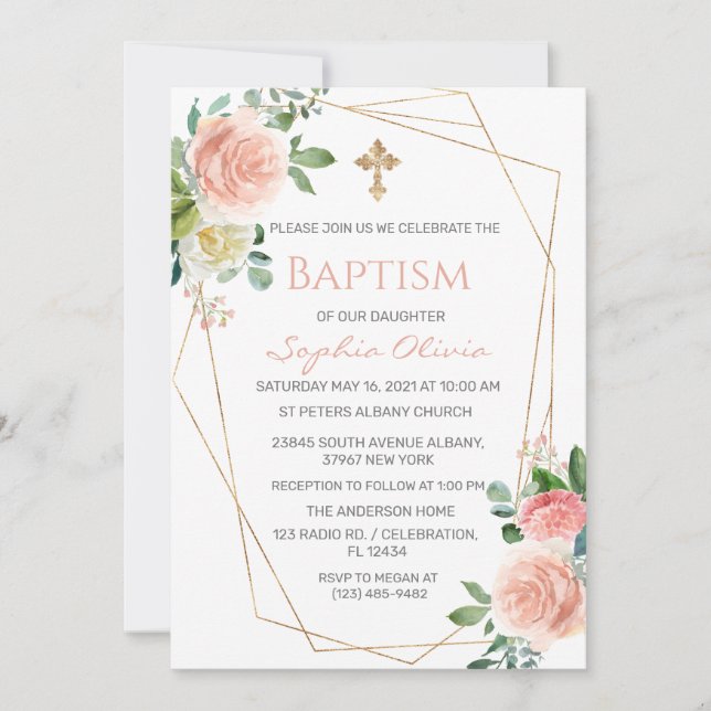 Pink Gold Greenery Eucalyptus Girl Baptism Invitat Invitation (Front)