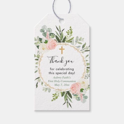 Pink gold greenery first communion baptism gift tags