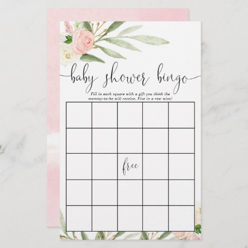 Pink gold greenery floral baby shower bingo cards