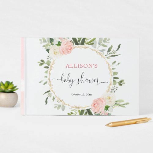 Pink gold greenery floral girl baby shower guest book