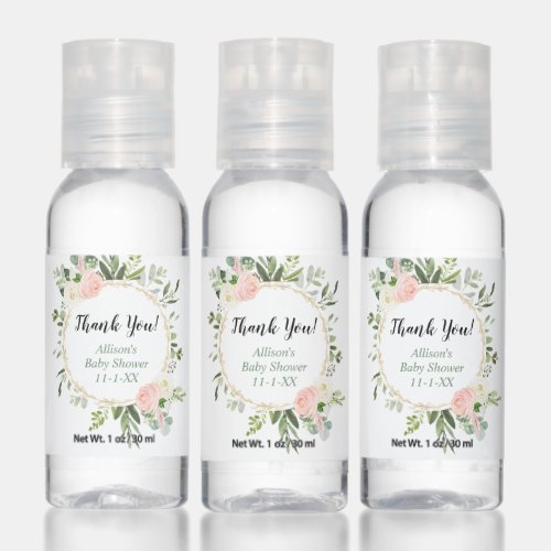 Pink gold greenery floral girl baby shower hand sanitizer