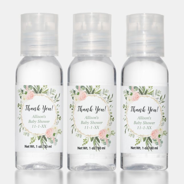 Pink gold greenery floral girl baby shower hand sanitizer (Set)