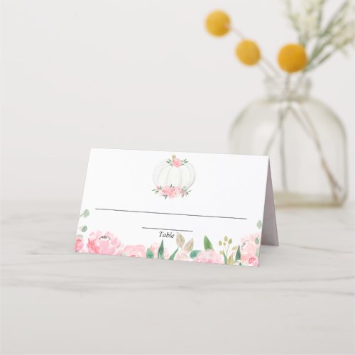 Pink gold greenery floral pumpkin fall place card