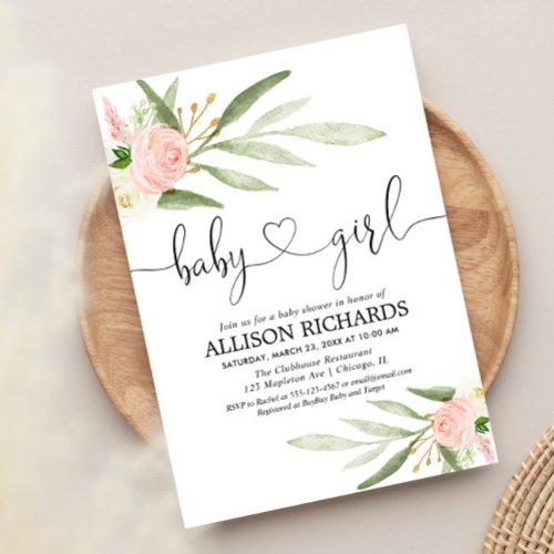 Pink gold greenery leaves elegant girl baby shower invitation