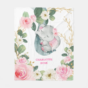 Pink Gold Greenery Roses Elephant Girl Nursery Fleece Blanket