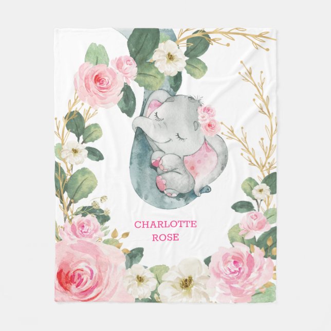 Pink Gold Greenery Roses Elephant Girl Nursery Fleece Blanket (Front)