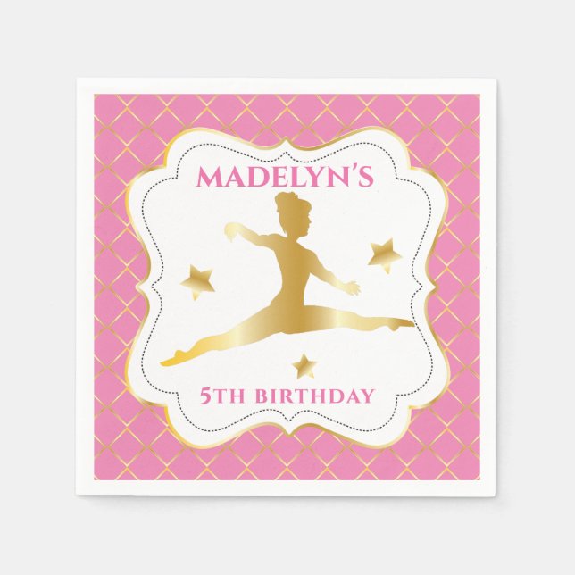Pink | Gold Gymnast Gymnastics Girl Birthday Party Napkins (Front)