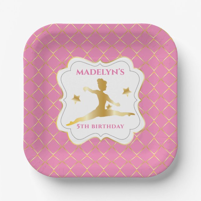 Pink | Gold Gymnast Gymnastics Girl Birthday Party Paper Plates (Front)