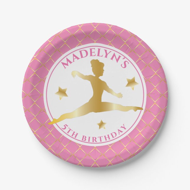 Pink | Gold Gymnast Gymnastics Girl Birthday Party Paper Plates (Front)