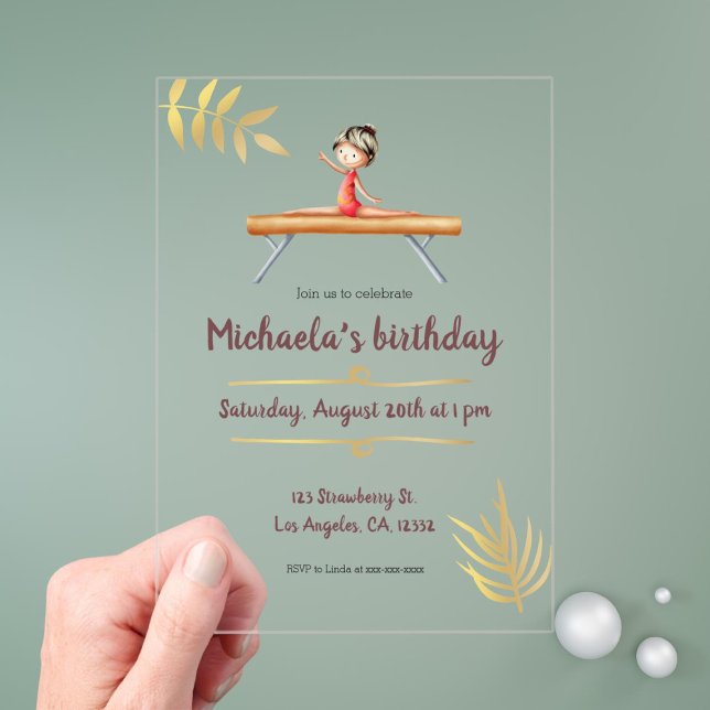 Pink Gold Gymnastics Girl on Beam Birthday Acrylic Invitations (Creator Uploaded)