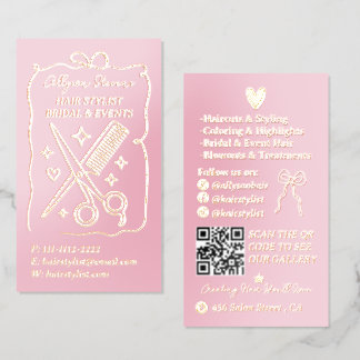 Pink Gold Hair Stylist Beauty Branding QR Foil Business Cards