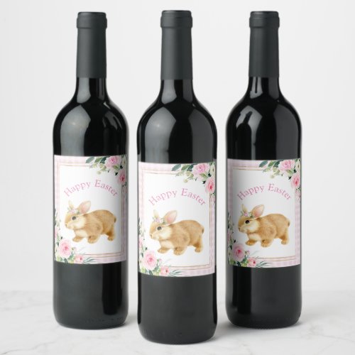 Pink  Gold Happy Easter Bunny Wine Label