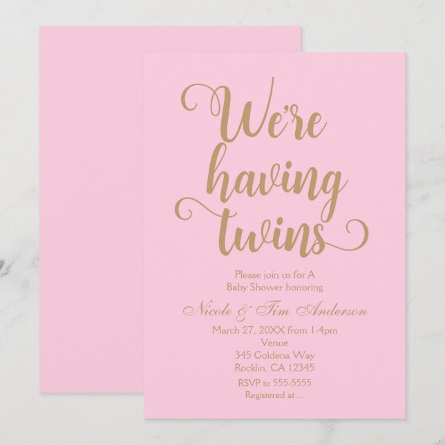 Pink & Gold Having Twins Baby Shower Invitations (Front/Back)