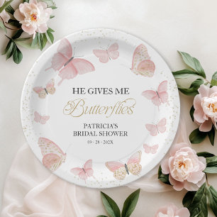 Pink Gold He Gives Me Butterflies Paper Plates