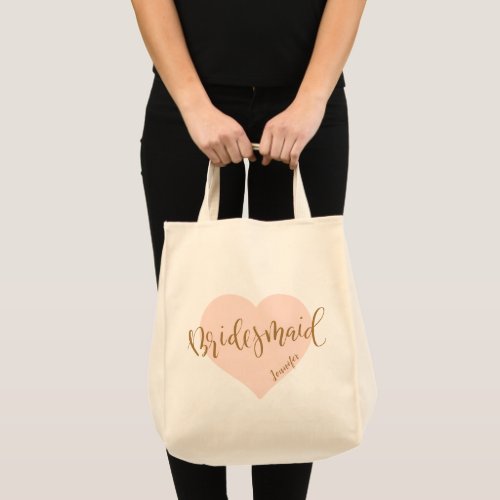 Pink gold heart and script personalized bridesmaid tote bag