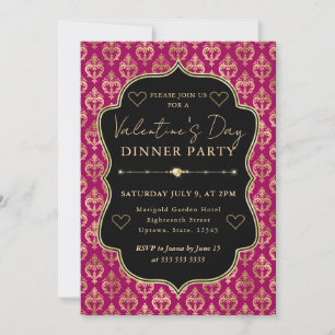 Pink & Gold Heart Damask Valentine's Dinner Party Invitation