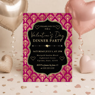 Pink & Gold Heart Damask Valentine's Dinner Party Invitation