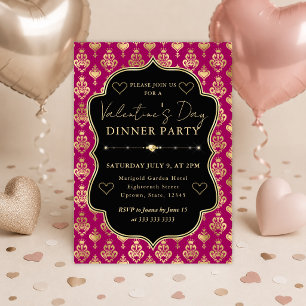 Pink & Gold Heart Damask Valentine's Dinner Party Invitation