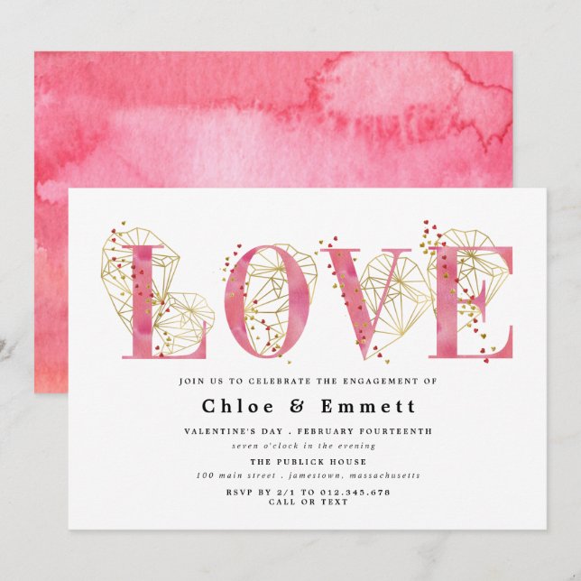 Pink Gold Heart Geometric Engagement Party Invitation (Front/Back)