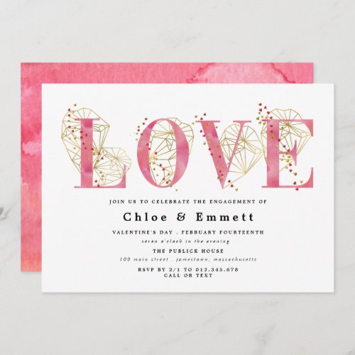 Pink Gold Heart Geometric Engagement Party Invitation