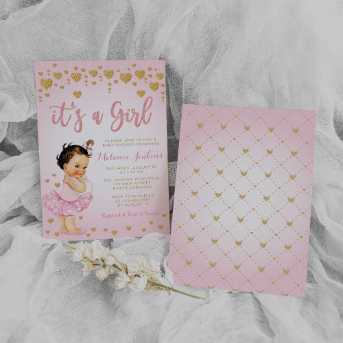 Pink Gold Heart Girl Tutu Baby Shower Invitation
