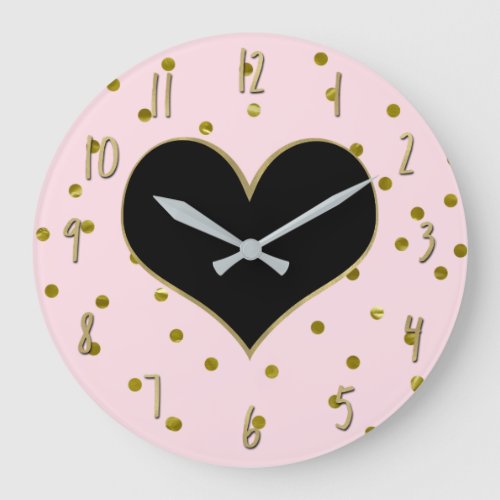 Pink  Gold Heart Polka Dots Modern Trendy Cute Large Clock