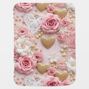 Pink Gold Hearts Flowers Baby Blanket