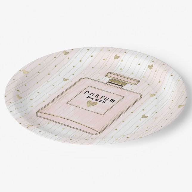 Pink & Gold Hearts Paris Parfum Chic Fashion Paper Plates (Angled)