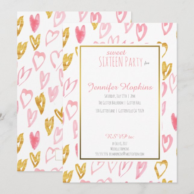 Pink & Gold Hearts Party Invitations (Front/Back)