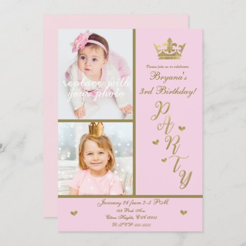 Pink  Gold Hearts Princess Crown 2 Photo Party Invitation